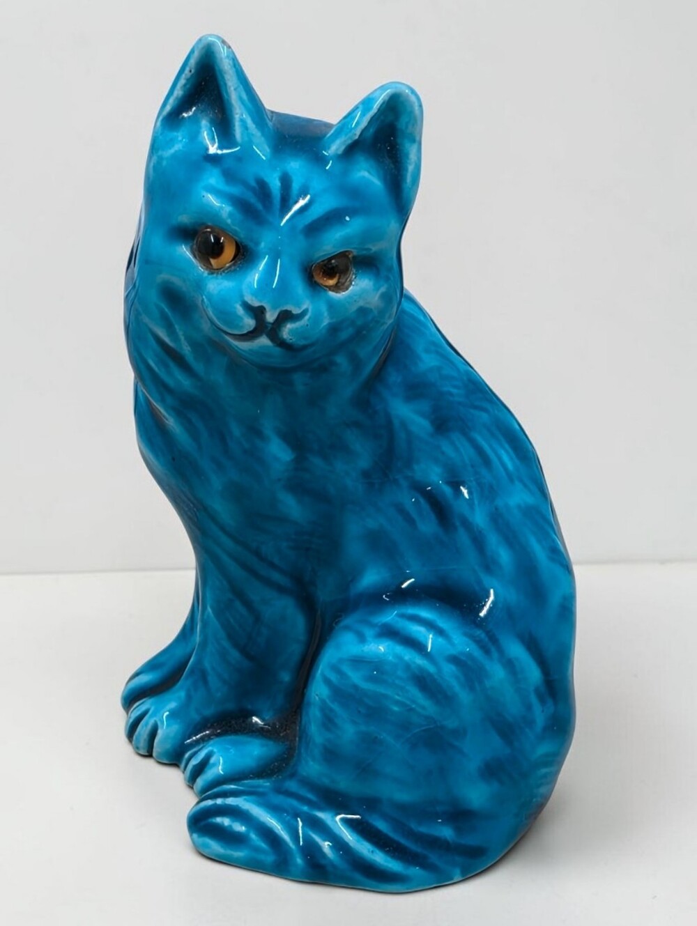 Antique French Estate Blue Porcelain Cat Yellow Glass Eyes Figurine
